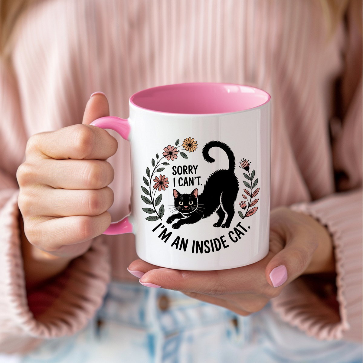 Indoor Cat Ceramic Coffee Mug | White with Pink Coffee Mug
