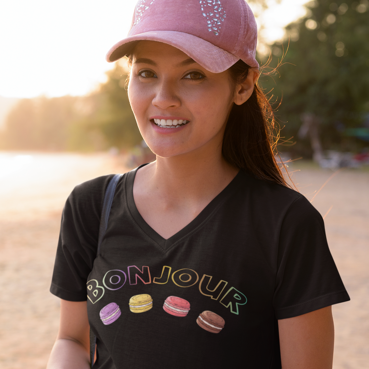 Bonjour French Macaron Cookie Baking Shirt | Black V-neck T-shirt