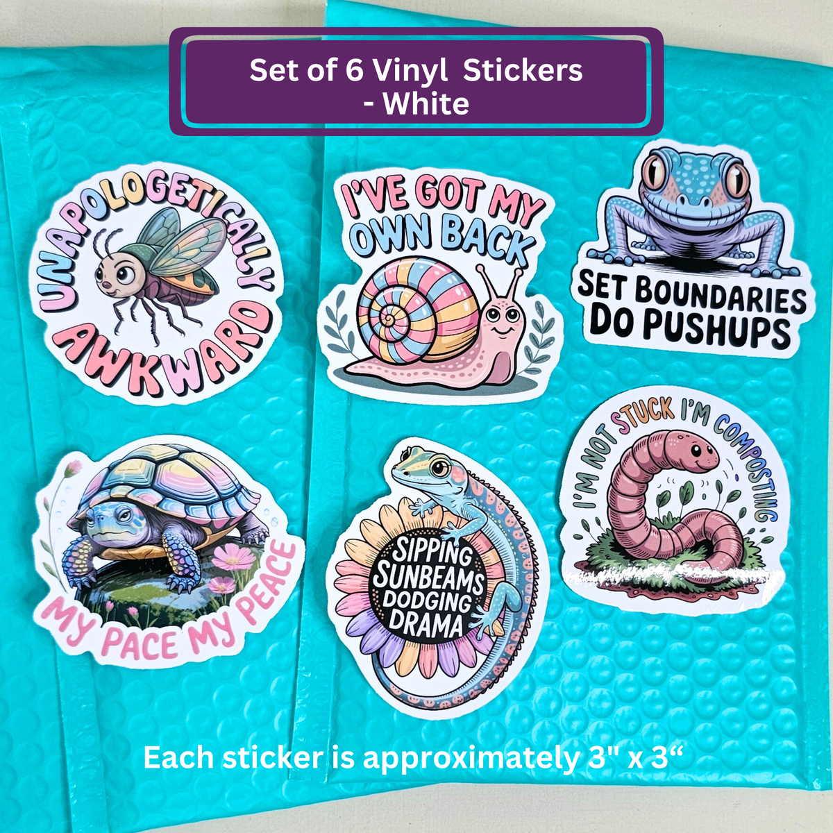 Motivational Critter Reptile Bug Stickers | Funny Nature Lover Sticker Set of 6