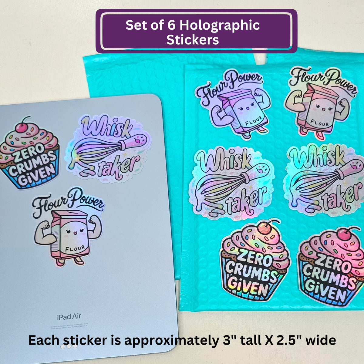 Funny Baking Holographic Sticker Set | Cute Kawaii Stickers | Gift for Baker | 6-Pack