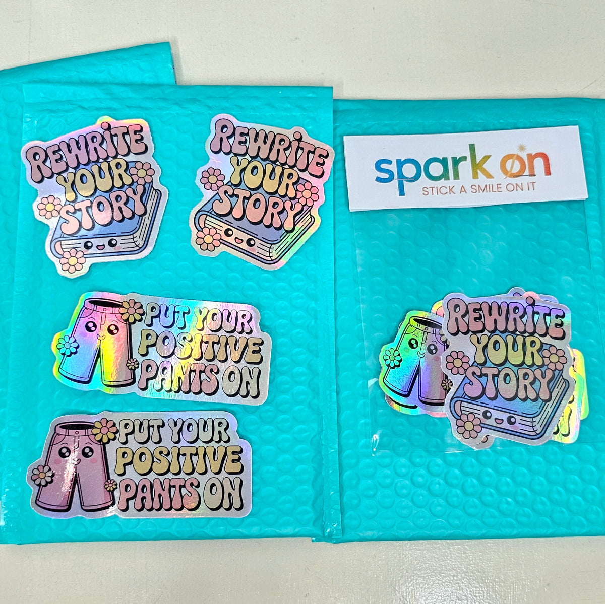 Kawaii Holographic Stickers | Affirmations Sticker Set | Mental Health Stickers | Psychologist Gift | 4-Pack
