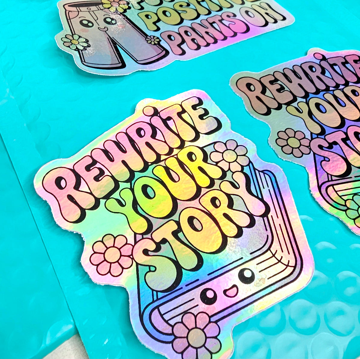 Kawaii Holographic Stickers | Affirmations Sticker Set | Mental Health Stickers | Psychologist Gift | 4-Pack