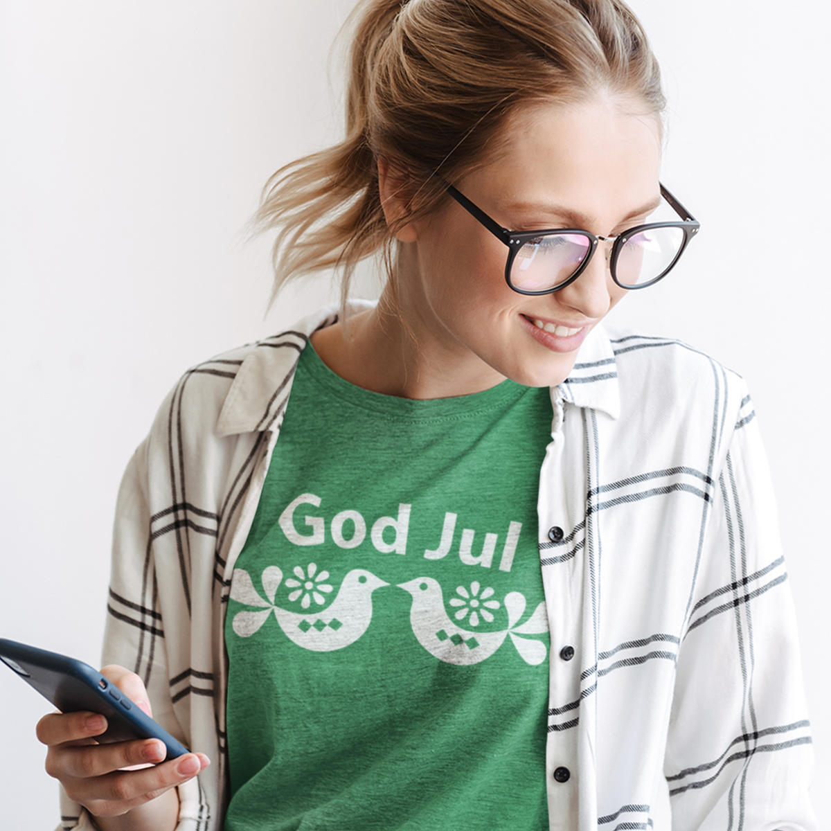 God Jul Swedish Christmas Folk Art Shirt | Heather Green Unisex Jersey T-shirt
