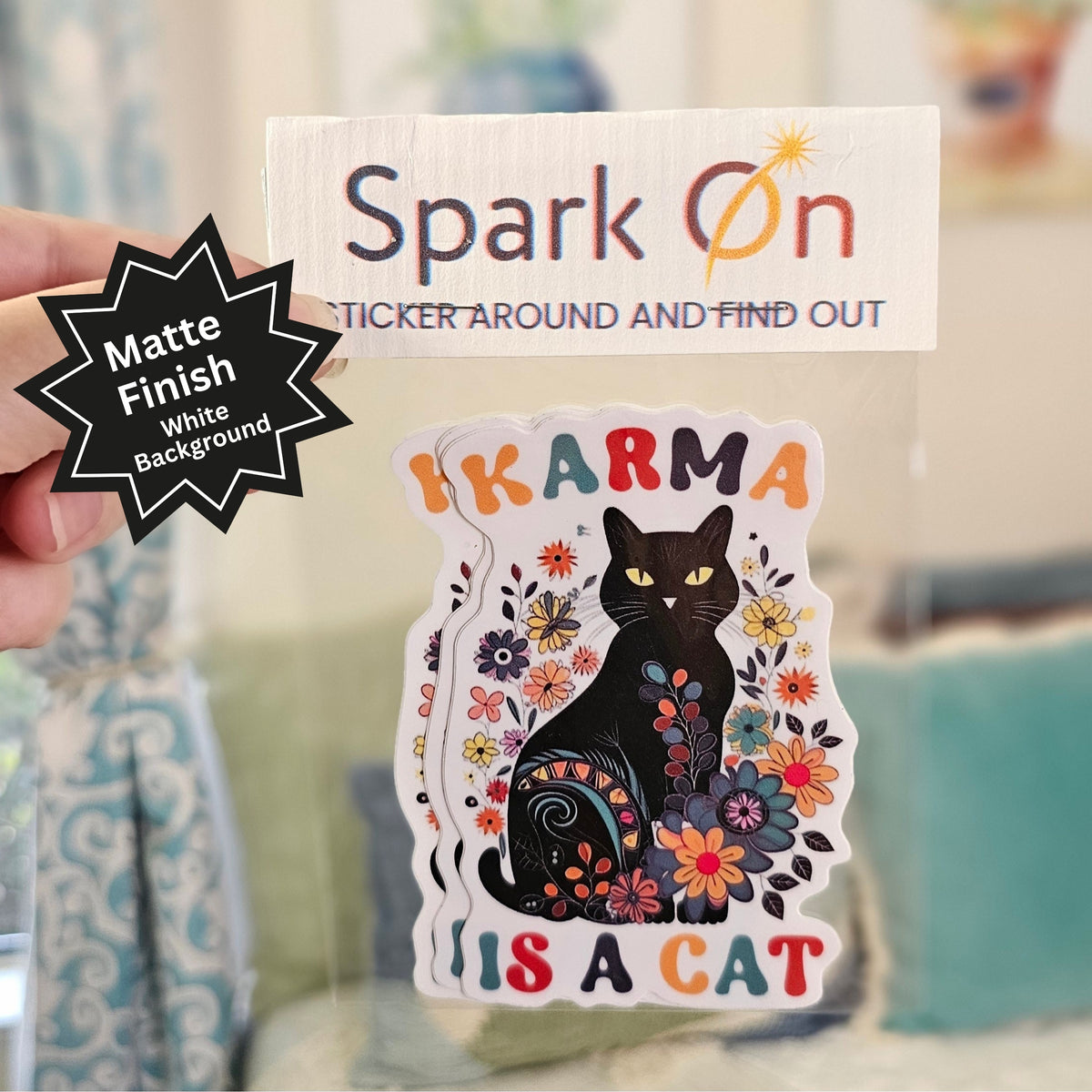 Karma Is a Cat Stickers | Cat Lover Gift | Boho Vinyl Sticker Set of 3