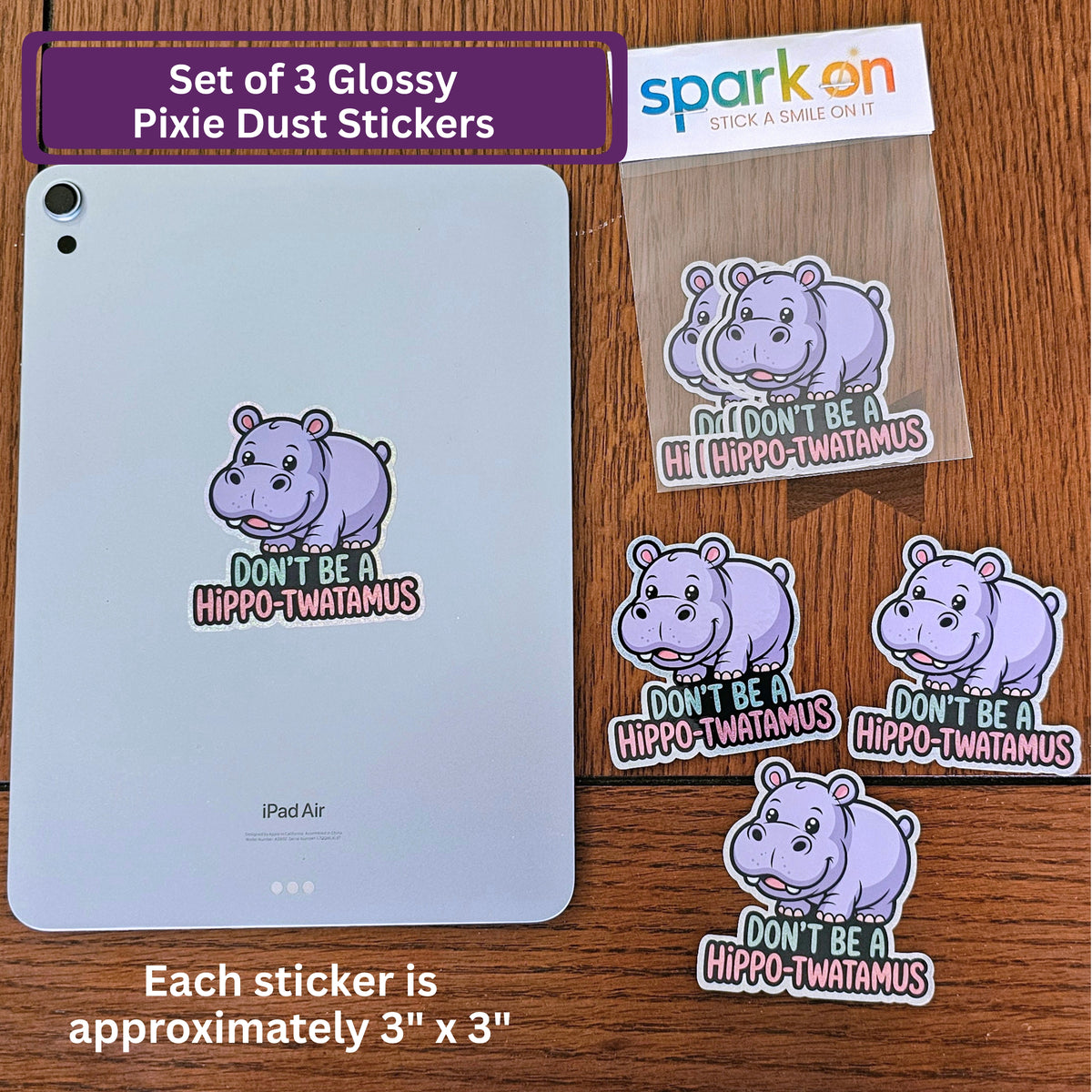 Pixie Dust Hippo Sticker Pack (3) | Cute Kawaii Hippo-twatamus Vinyl Stickers | Funny Meme Gift