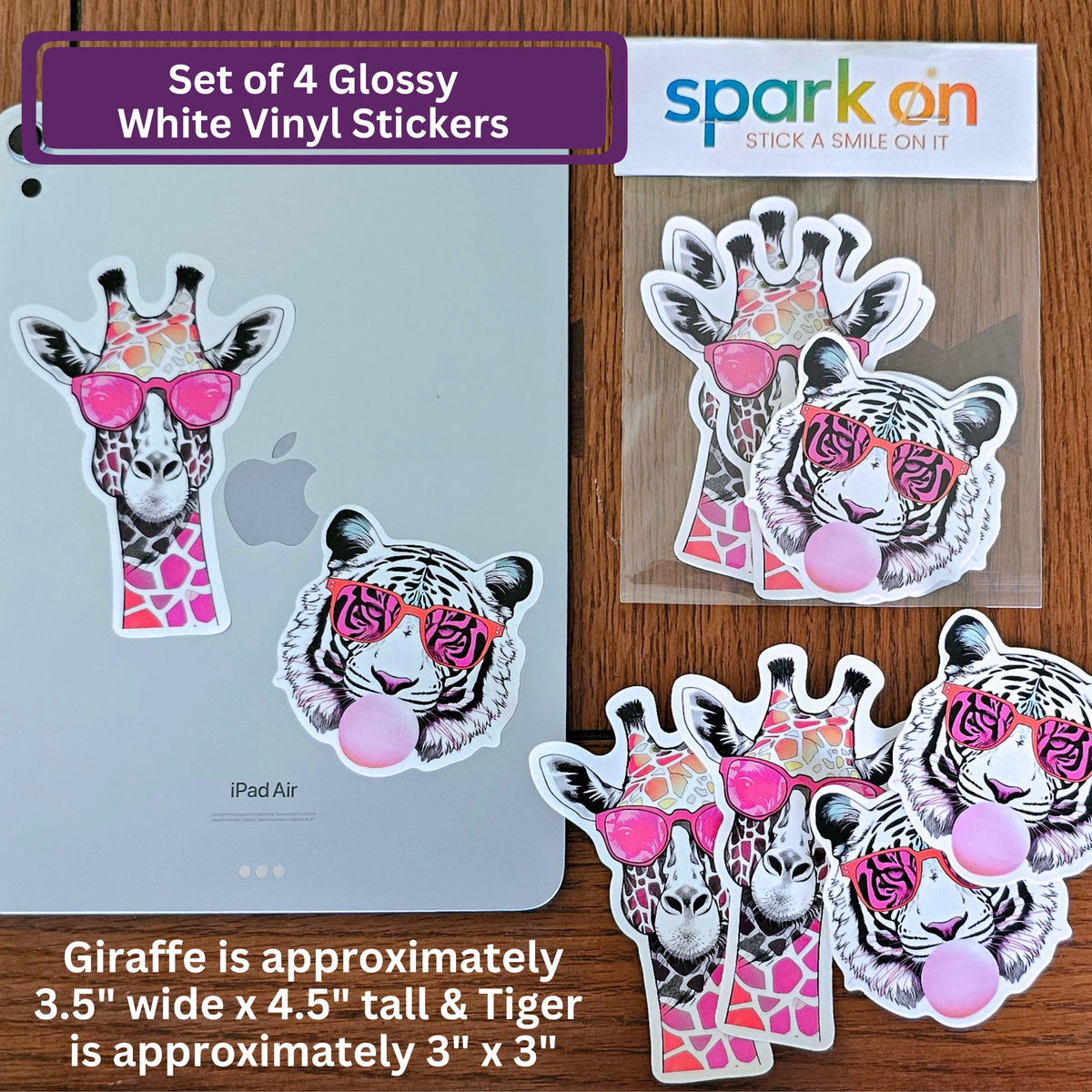 Pink Sunglasses Cute Safari Stickers | Giraffe Tiger Sticker Set | Wildlife Glossy Vinyl Stickers