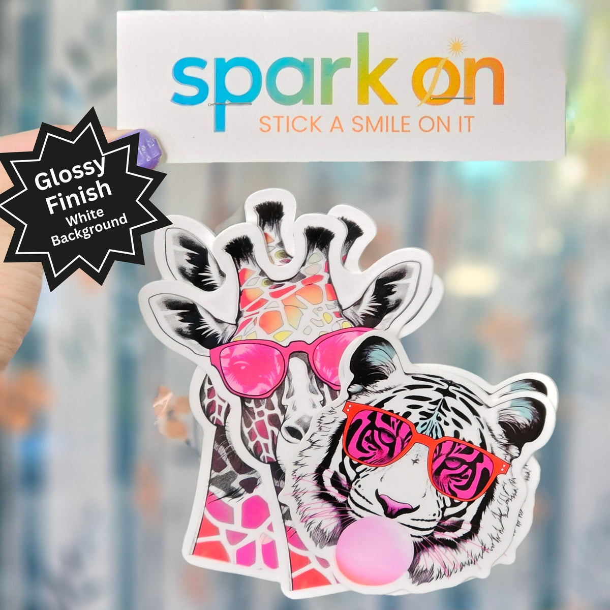 Pink Sunglasses Cute Safari Stickers | Giraffe Tiger Sticker Set | Wildlife Glossy Vinyl Stickers