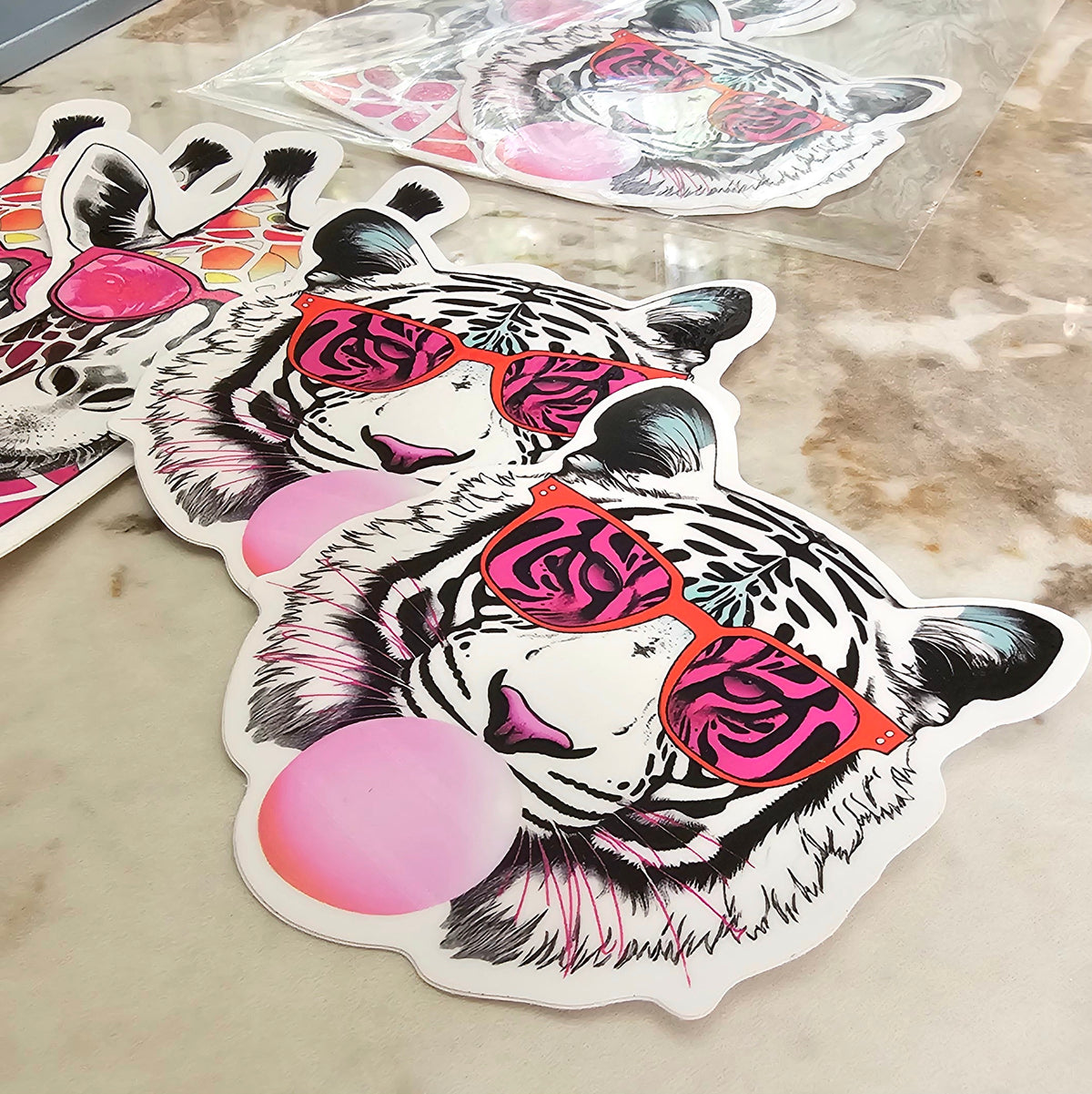 Pink Sunglasses Cute Safari Stickers | Giraffe Tiger Sticker Set | Wildlife Glossy Vinyl Stickers