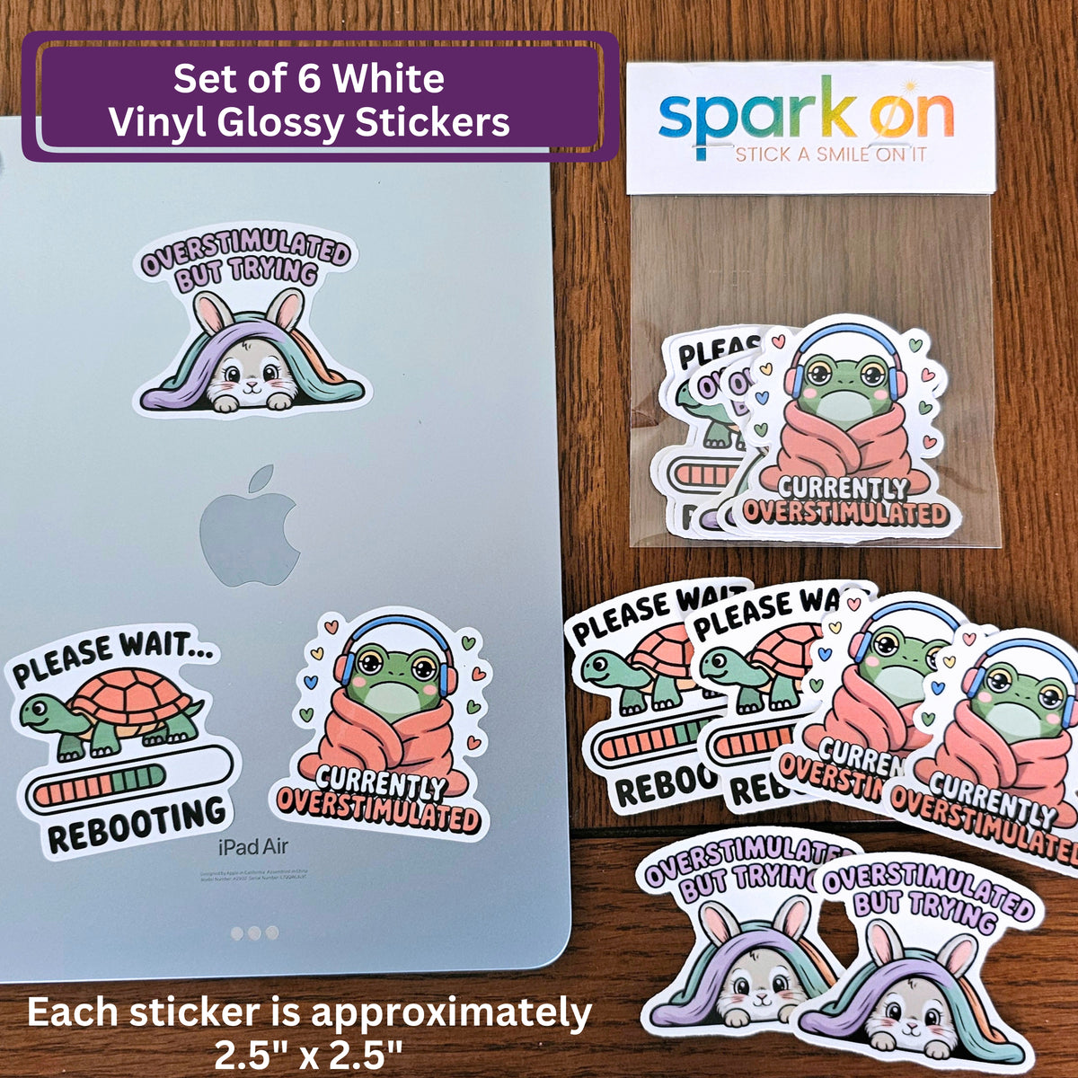 Overstimulated Self Care Sticker Pack (6) | Kawaii Animals Mental Health Stickers | Anxiety Neurodivergent Gift