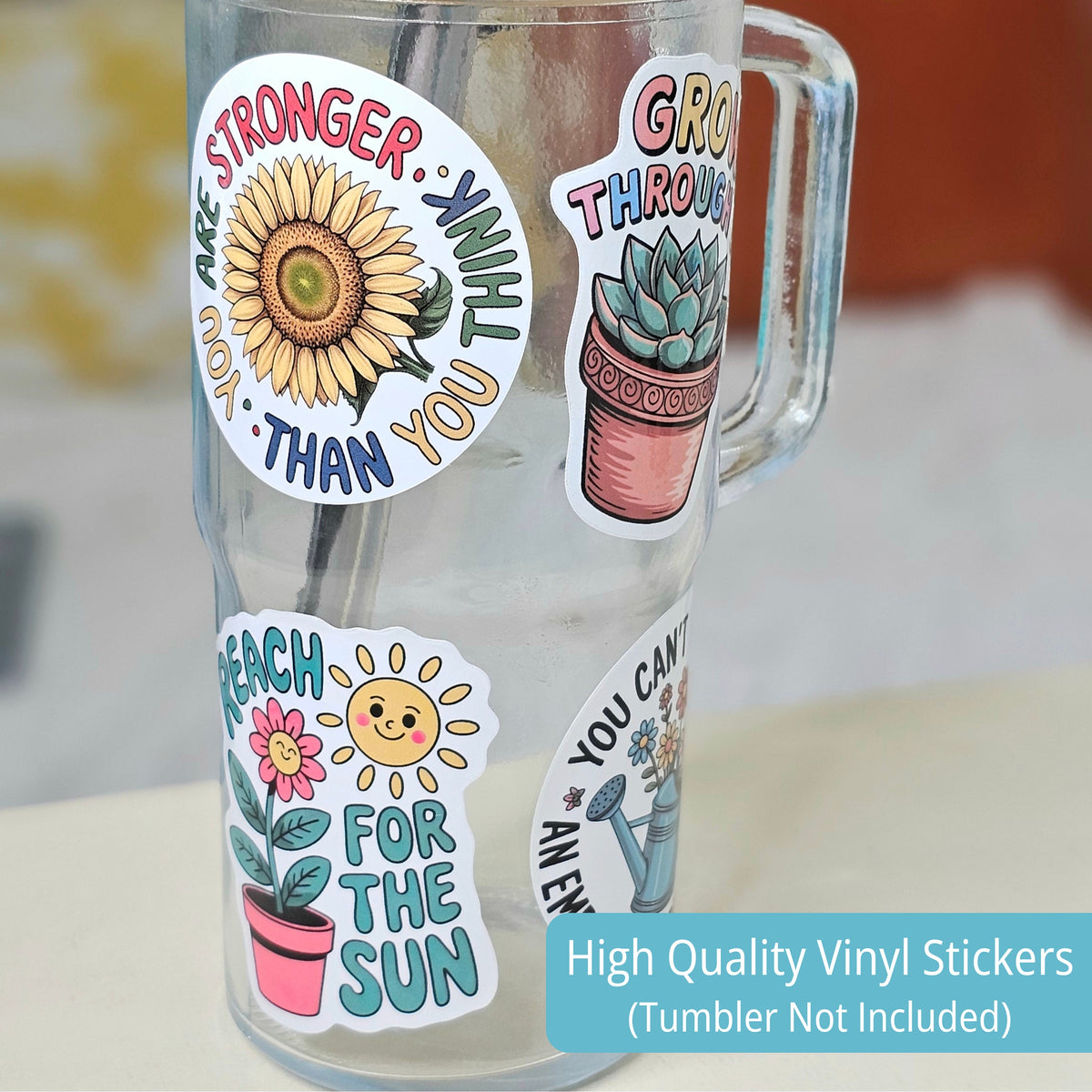 Motivational Plant Sticker Set | Inspirational Flower Stickers | Cute Kawaii Vinyl Stickers | 8 Pack