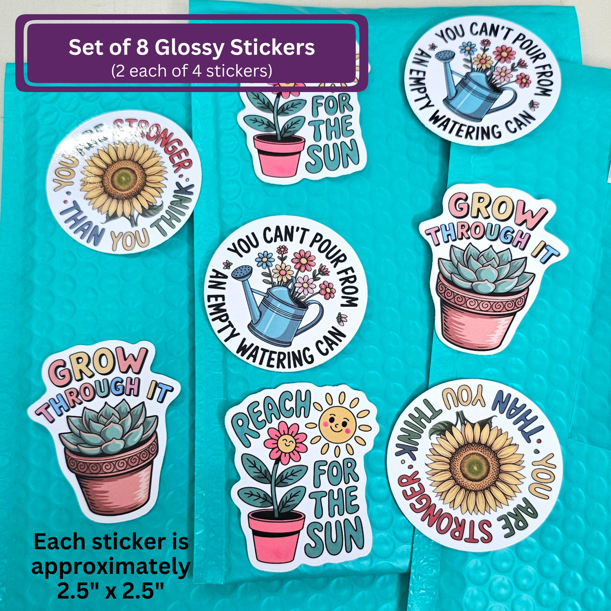 Motivational Plant Sticker Set | Inspirational Flower Stickers | Cute Kawaii Vinyl Stickers | 8 Pack