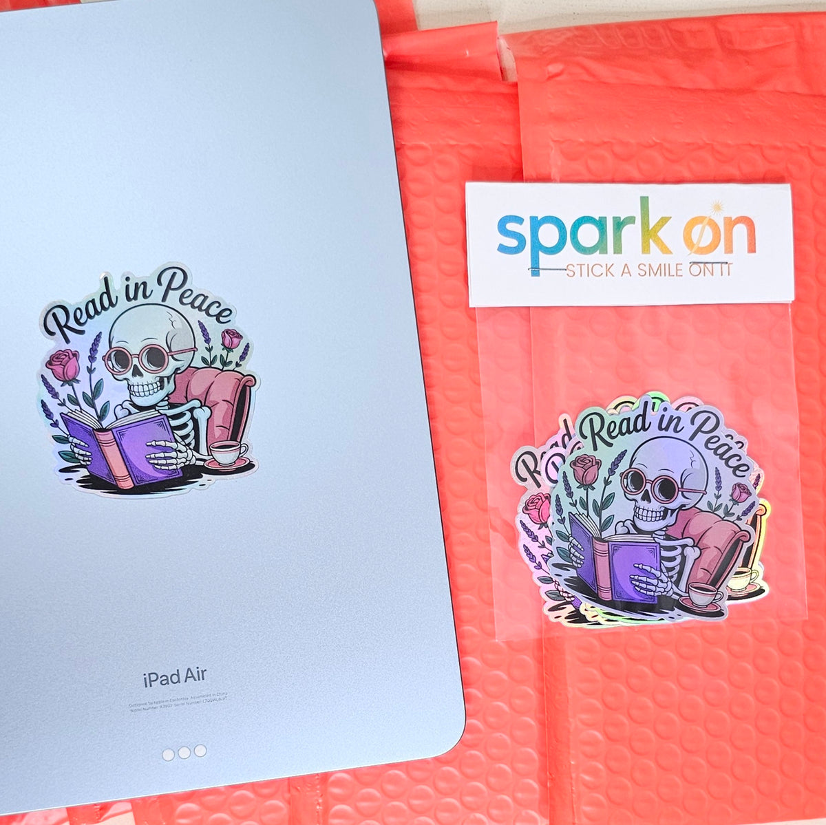 Read In Peace Skeleton Holographic Stickers | Funny Book Lover Gift | Sticker Set of 4