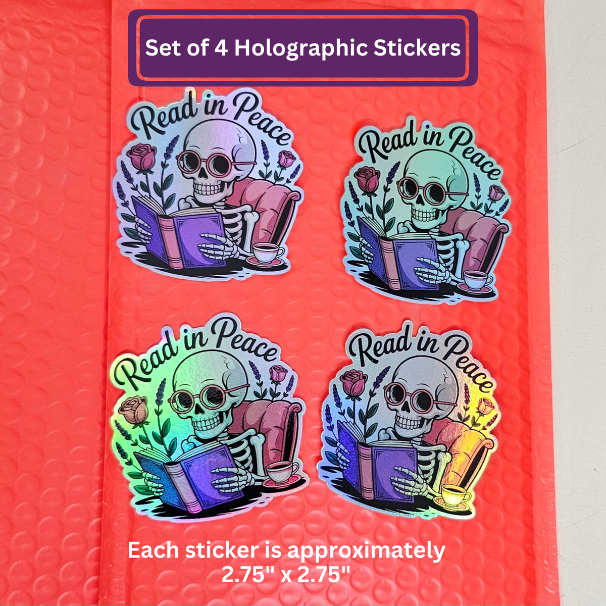 Read In Peace Skeleton Holographic Stickers | Funny Book Lover Gift | Sticker Set of 4