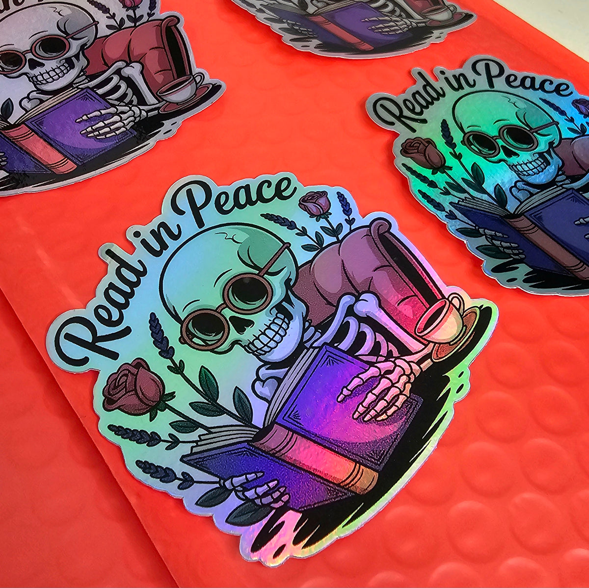 Read In Peace Skeleton Holographic Stickers | Holographic Sticker Set