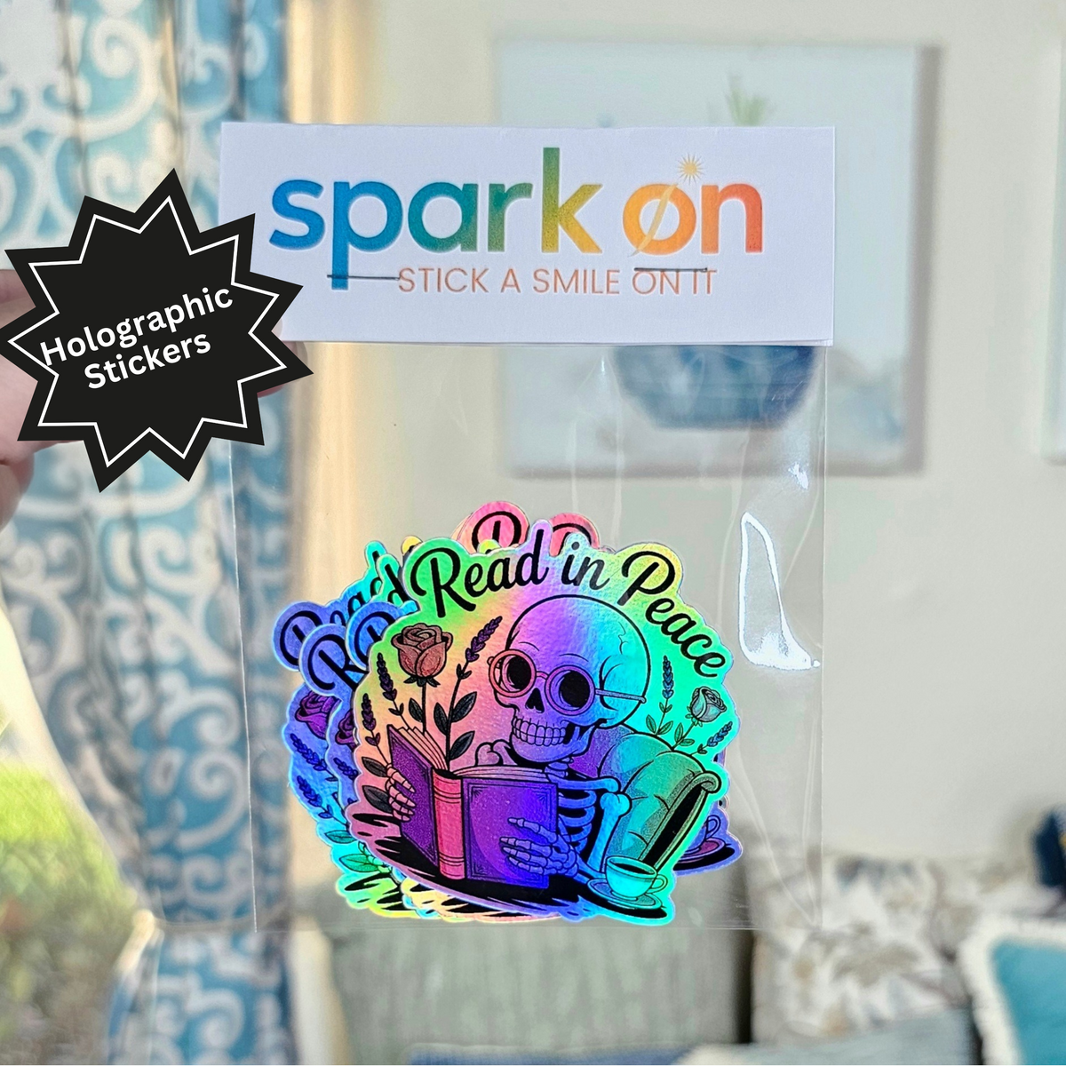 Read In Peace Skeleton Holographic Stickers | Funny Book Lover Gift | Sticker Set of 4
