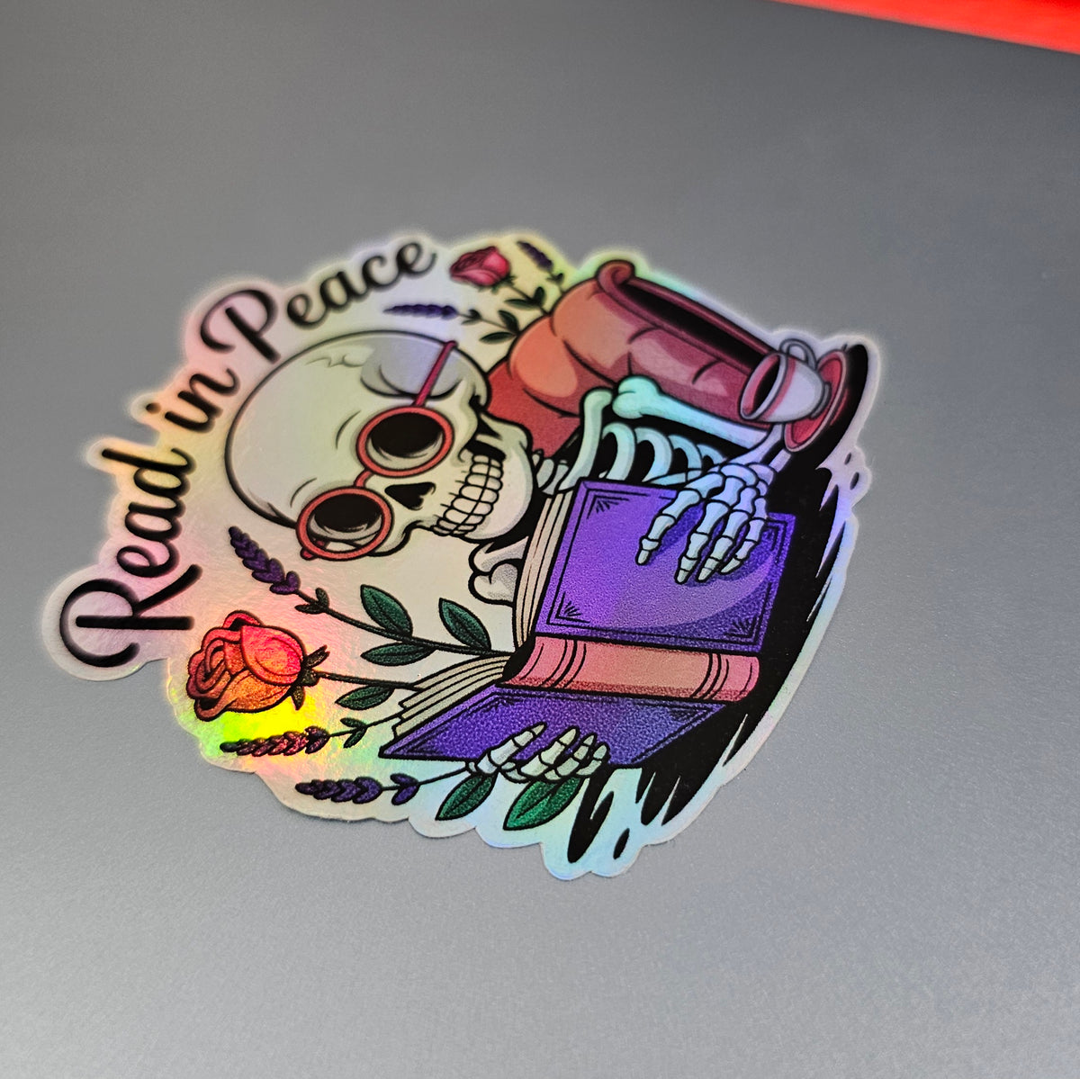 Read In Peace Skeleton Holographic Stickers | Funny Book Lover Gift | Sticker Set of 4