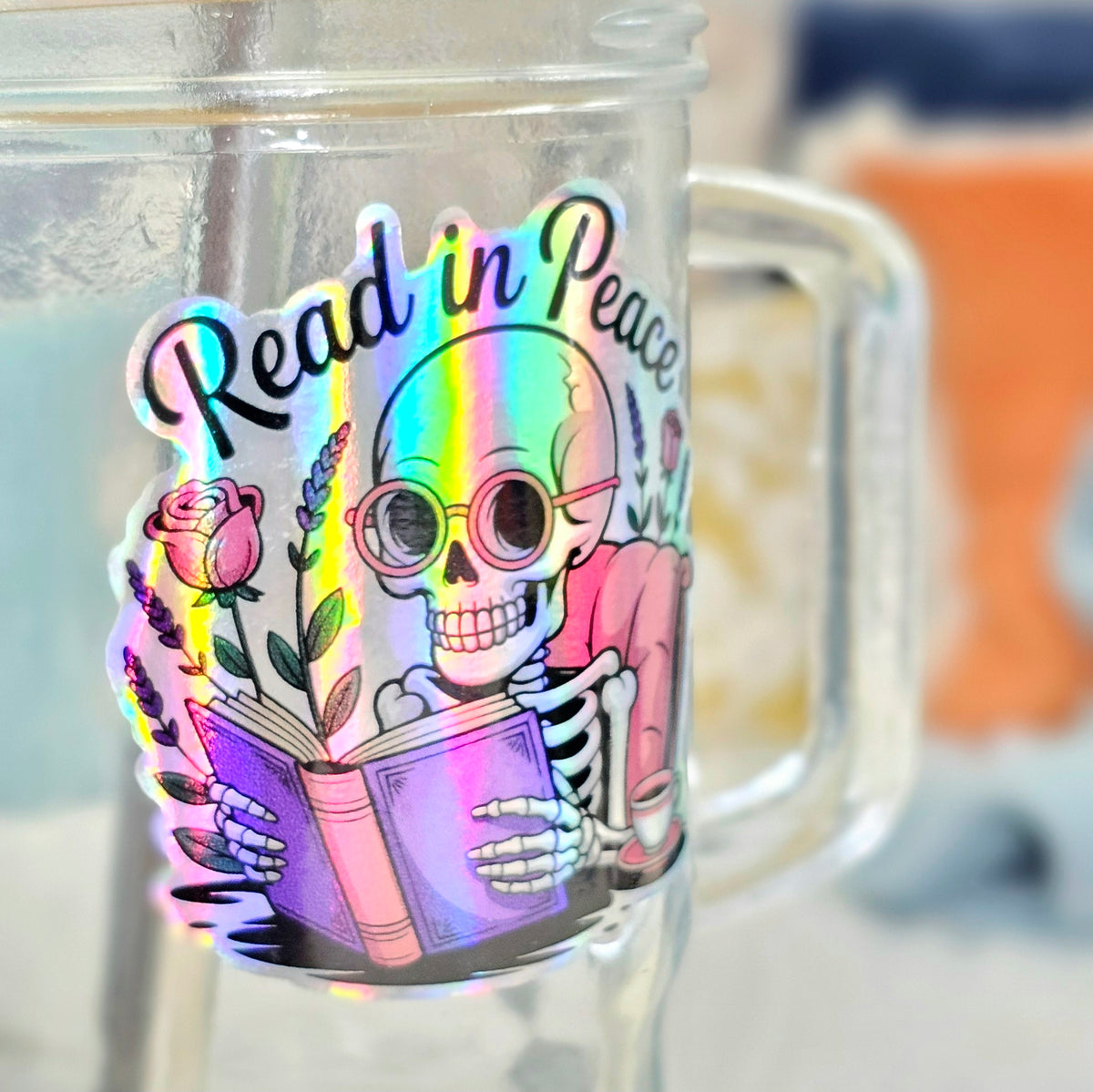 Read In Peace Skeleton Holographic Stickers | Funny Book Lover Gift | Sticker Set of 4