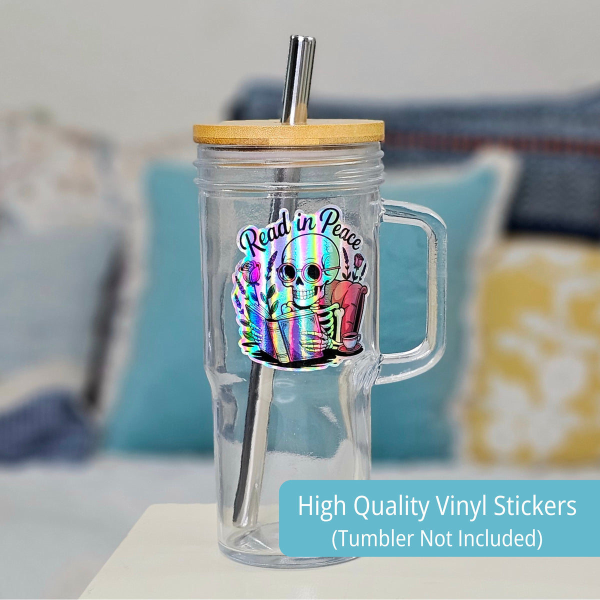 Read In Peace Skeleton Holographic Stickers | Funny Book Lover Gift | Sticker Set of 4