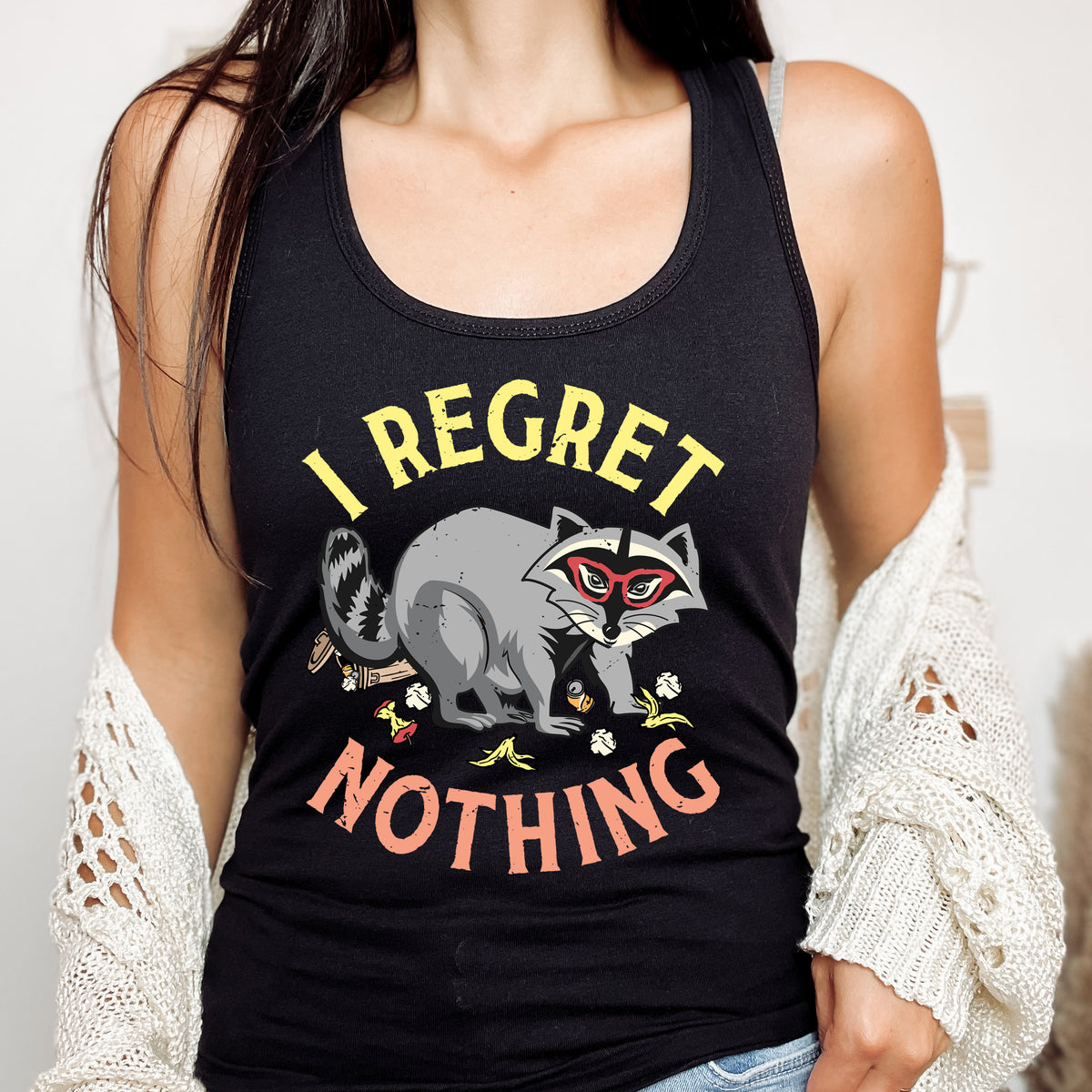 I Regret Nothing Funny Raccoon Shirt | Weird Gifts | Raccoon Gifts | Women's Slim-fit Racerback Tank Top