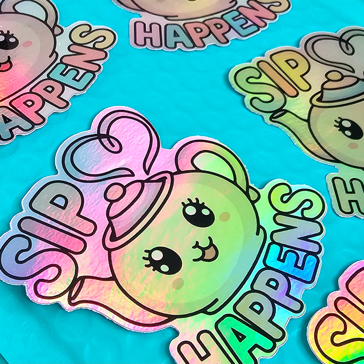 Sip Happens Kawaii Holographic Stickers  | Holographic Sticker Set