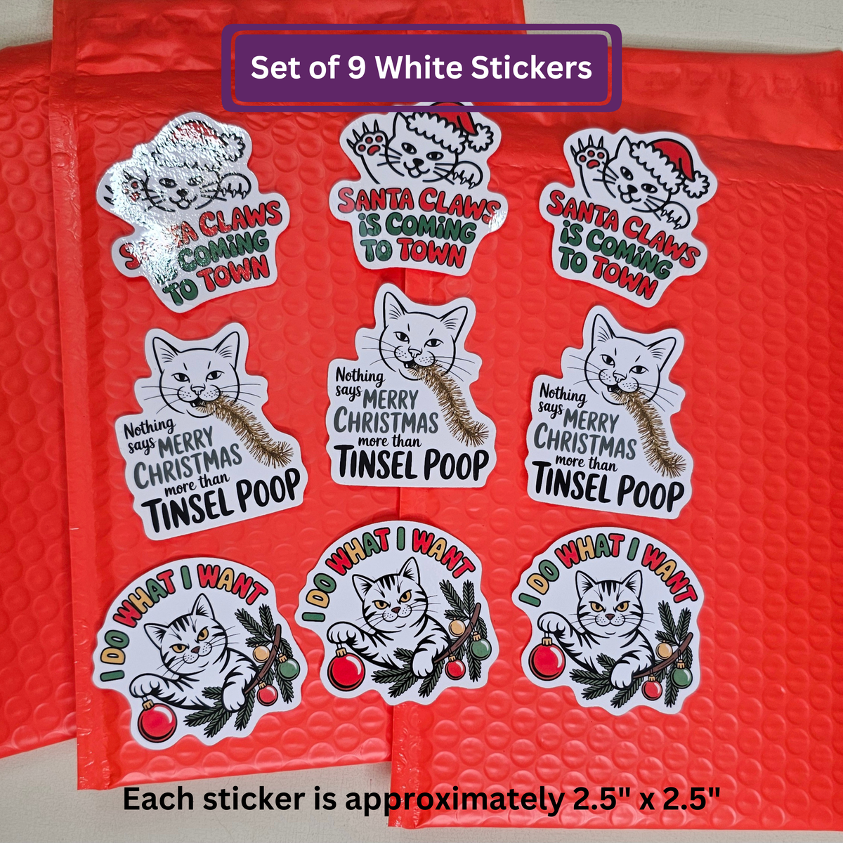 Funny Christmas Cat Stickers |  Cat Lover Sticker Set of 9 | Stocking Stuffer Christmas Decor