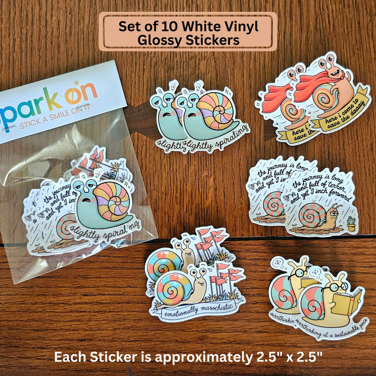 Snarky Snail Sticker Pack | 10 Glossy Stickers | Overthinking Anxiety Stickers |  Mental Health Gift