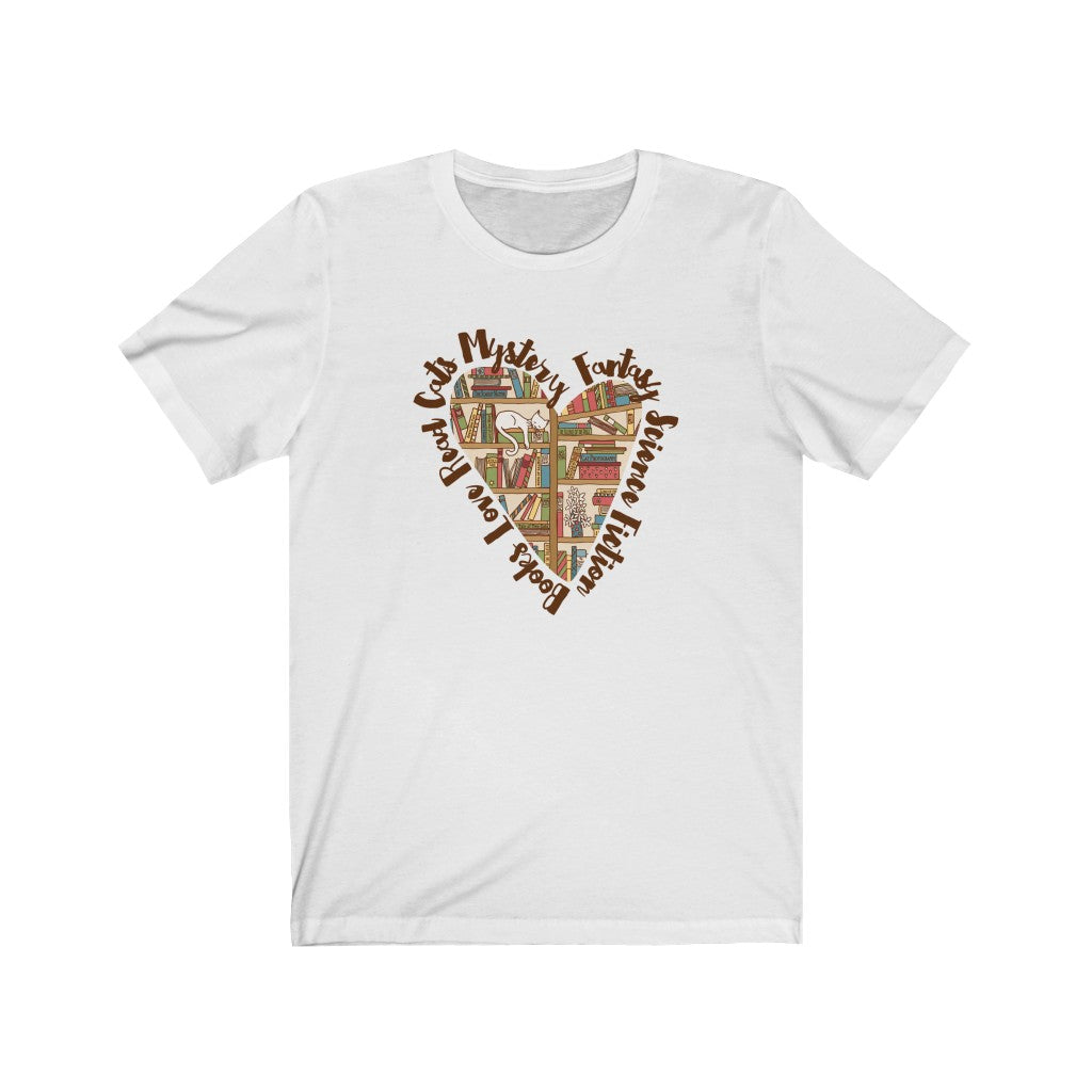 Book Lover Heart Cat Lady T-shirt | Cat Lover Bookworm Gifts | Unisex Jersey T-shirt