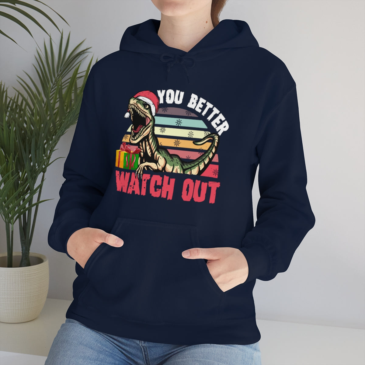 Velociraptor Dinosaur Christmas Shirt  | You Better Watch Out Funny Santa Shirt  | Unisex Hooded Sweatshirt