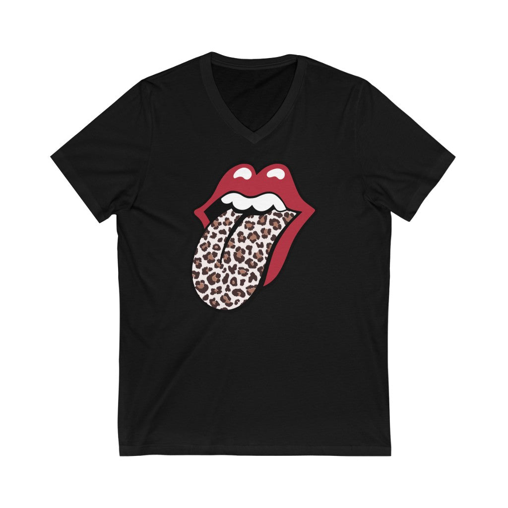 Leopard Print Tongue Red Lips T-shirt l Vintage Rock 'n Roll Gift | Unisex Jersey V-neck T-shirt
