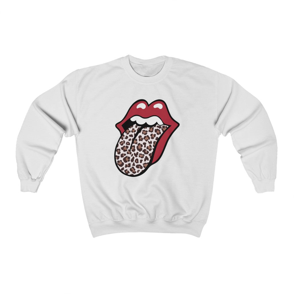 Leopard Print Tongue Red Lips T-shirt l Vintage Rock 'n Roll Gift | Unisex Crewneck Sweatshirt