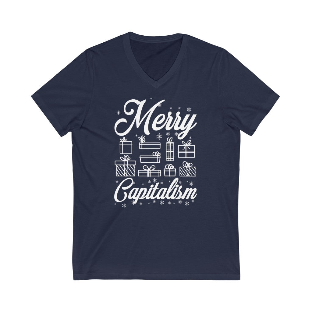 Merry Capitalism Funny Christmas Shirt | Anti Christmas Gift | Unisex Jersey V-neck T-shirt