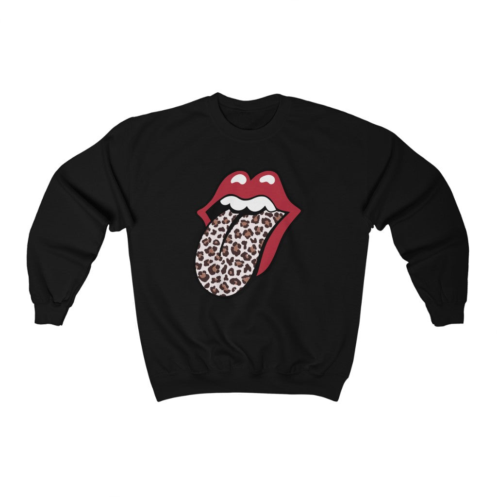 Leopard Print Tongue Red Lips T-shirt l Vintage Rock 'n Roll Gift | Unisex Crewneck Sweatshirt