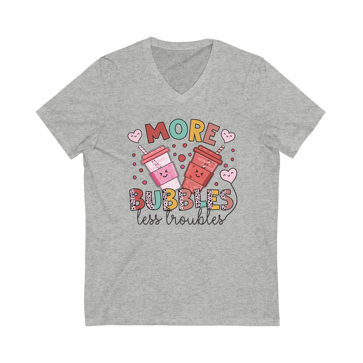 More Bubbles Less Troubles Cute Boba Tea Shirt | Cute Kawaii Shirt Bubble Tea Shirt | Bubble Tea Gift For Her | Unisex Jersey V-Neck T-shirt