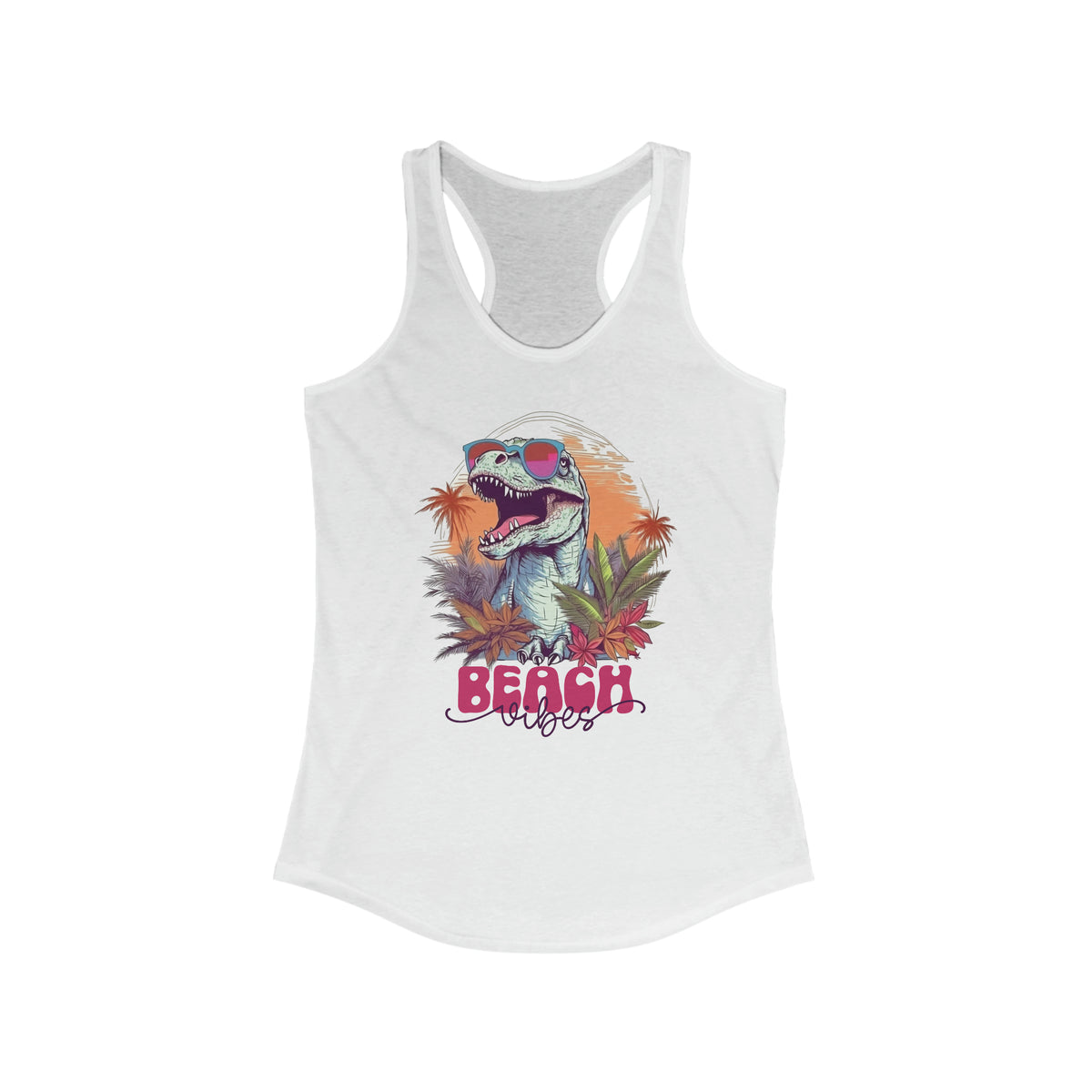 Beach Vibes T Rex Shirt | Funny Dinosaur Shirt | Beach Bum Shirt | Tropical Summer Shirt | Women's Slim-fit Racerback Tank Top