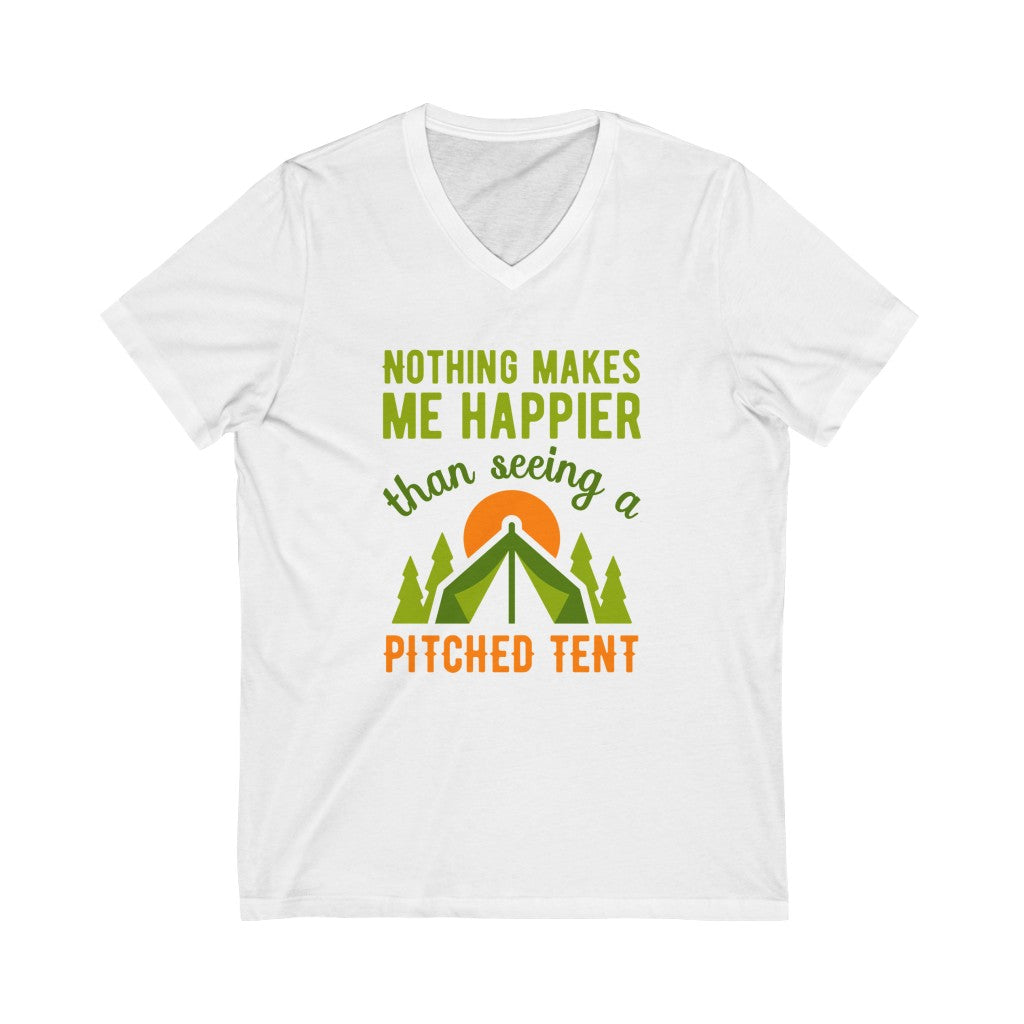 Pitched Tent Funny Camping Adventure Shirt | Happy Camper Gift | Unisex Jersey V-neck T-shirt