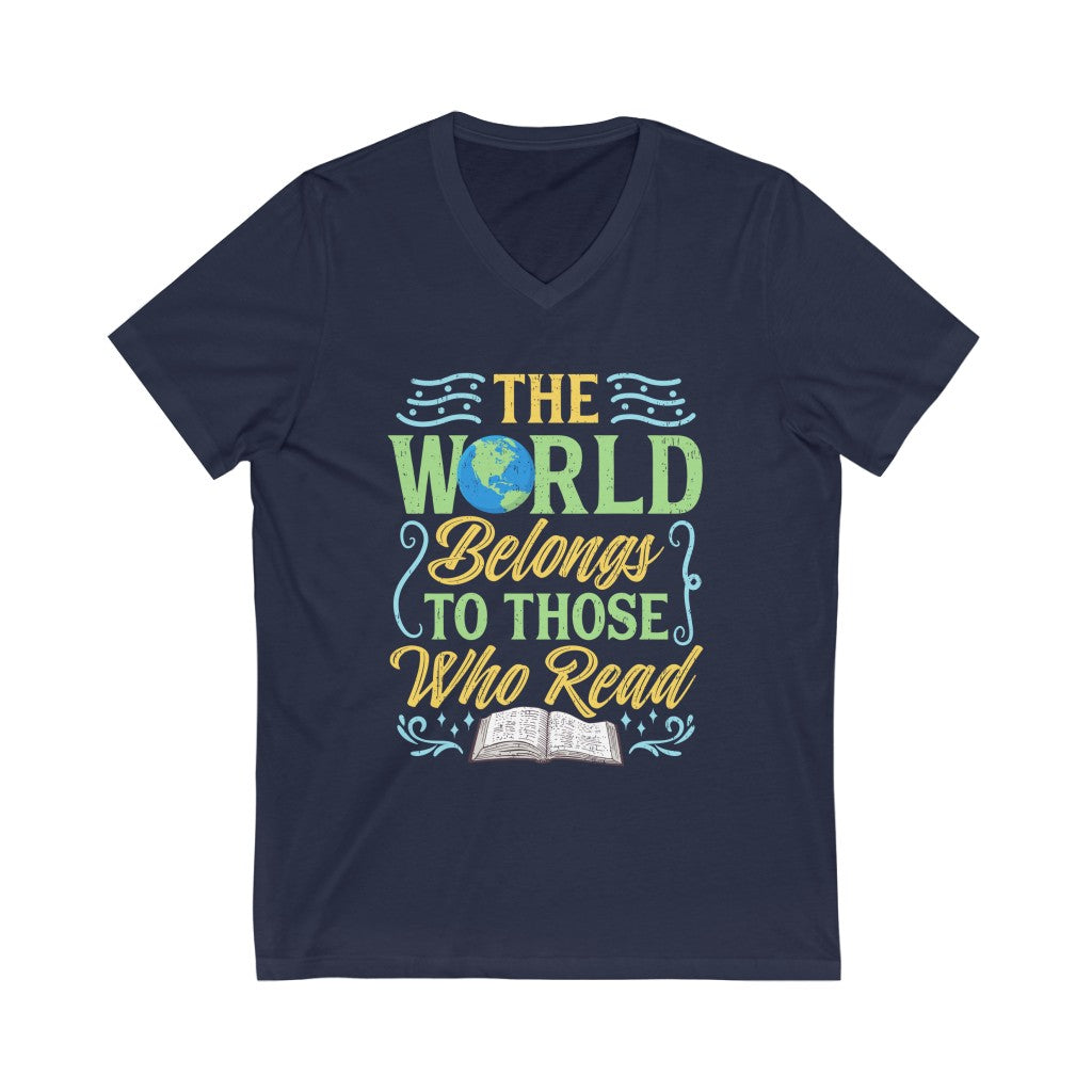 World Reading Book Lover Bookish Shirt | Bibliophile Gift | Unisex Jersey V-neck T-shirt