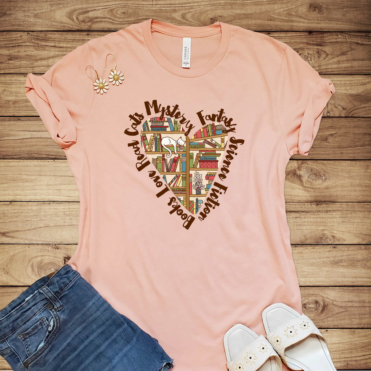 Book Lover Heart Cat Lady T-shirt | Cat Lover Bookworm Gifts | Unisex Jersey T-shirt