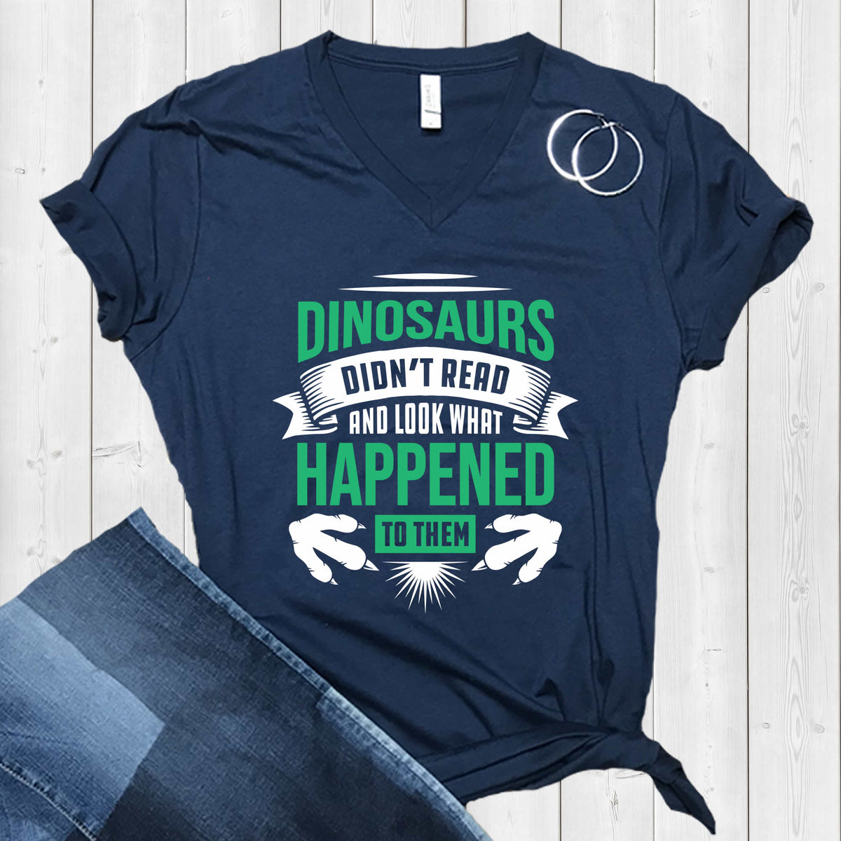Dinosaur Didn't Read Book Worm Reading Shirt | Library Gift | Bella Canvas Unisex Jersey V-neck T-shirt