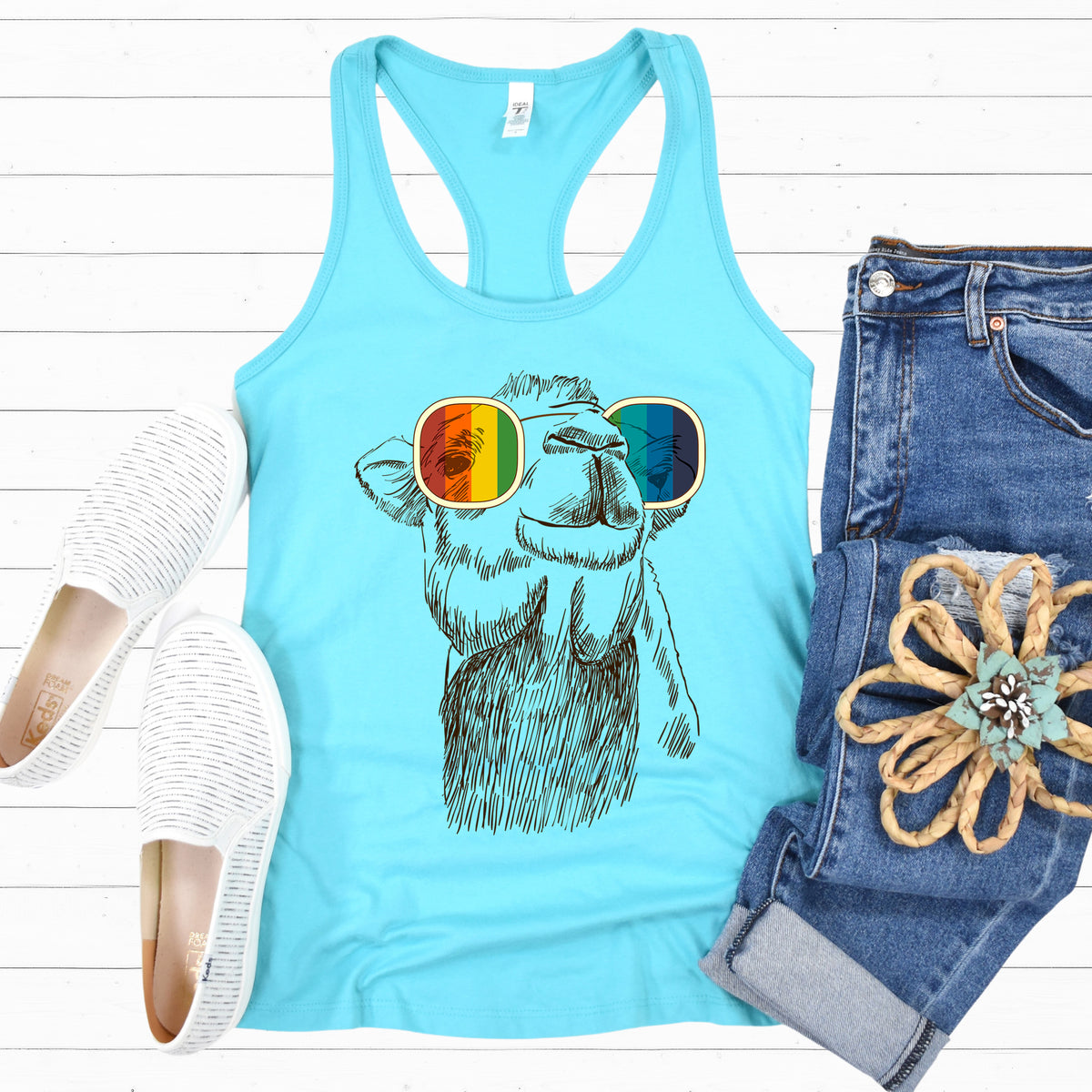 Camel Retro Rainbow Funny Aesthetic Shirt | Joe Cool Gifts | Women's Slim-fit Racerback Tank Top
