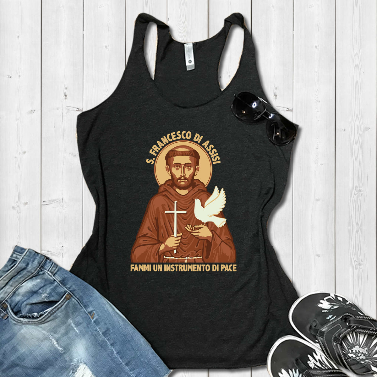 Saint Francis Catholic Peace Prayer Shirt | St Francis Italian Gift | Women's Tri-blend Racerback Tank Top