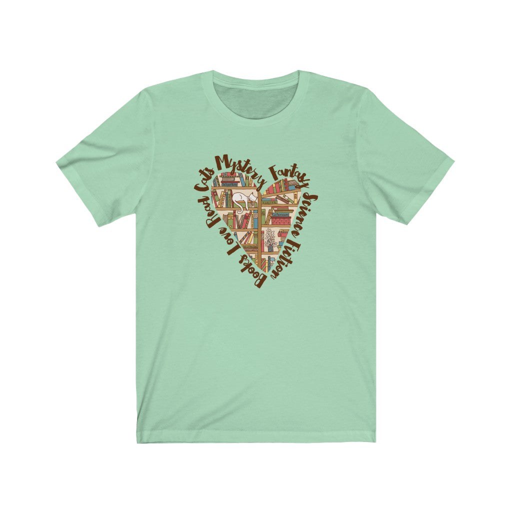 Book Lover Heart Cat Lady T-shirt | Cat Lover Bookworm Gifts | Unisex Jersey T-shirt