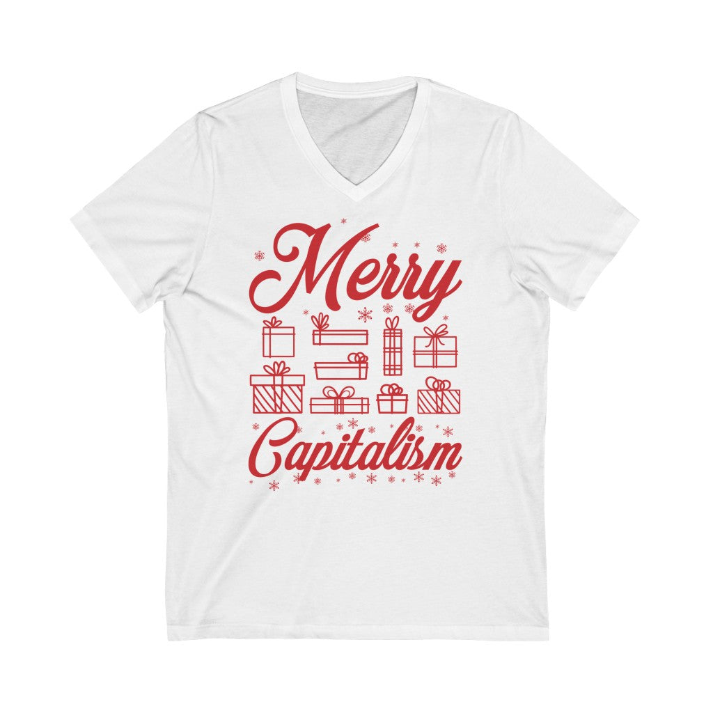 Merry Capitalism Funny Christmas Shirt | Anti Christmas Gift | Unisex Jersey V-neck T-shirt