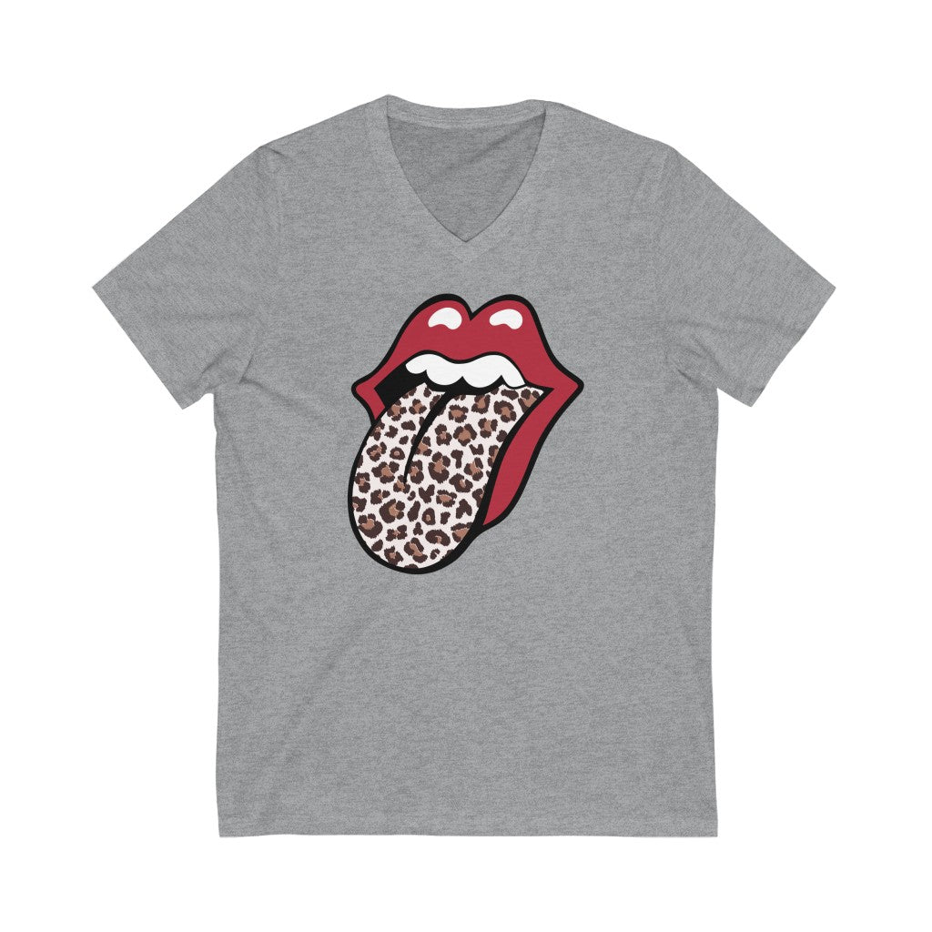 Leopard Print Tongue Red Lips T-shirt l Vintage Rock 'n Roll Gift | Unisex Jersey V-neck T-shirt