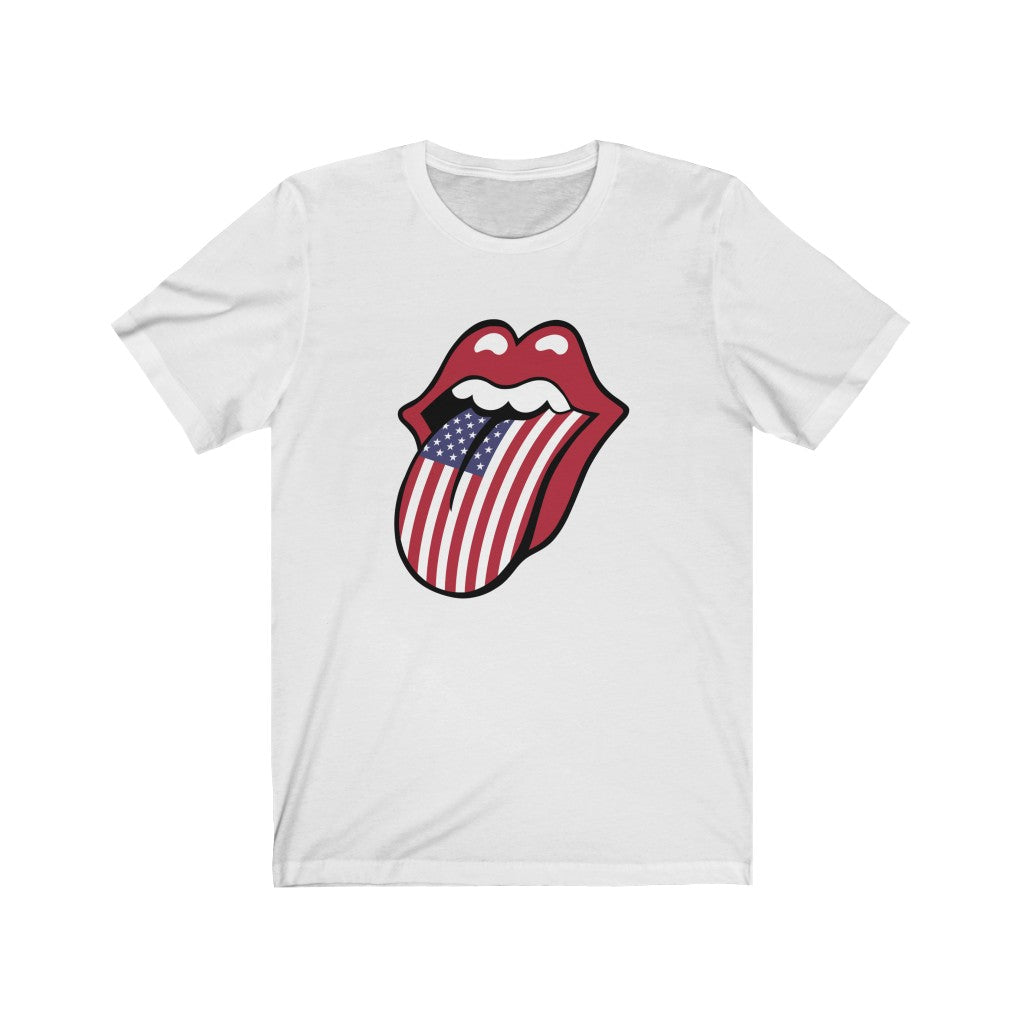 American Flag Red Lip Rock 'n Roll T-shirt | Vintage Patriotic T-shirt | Unisex Jersey T-shirt