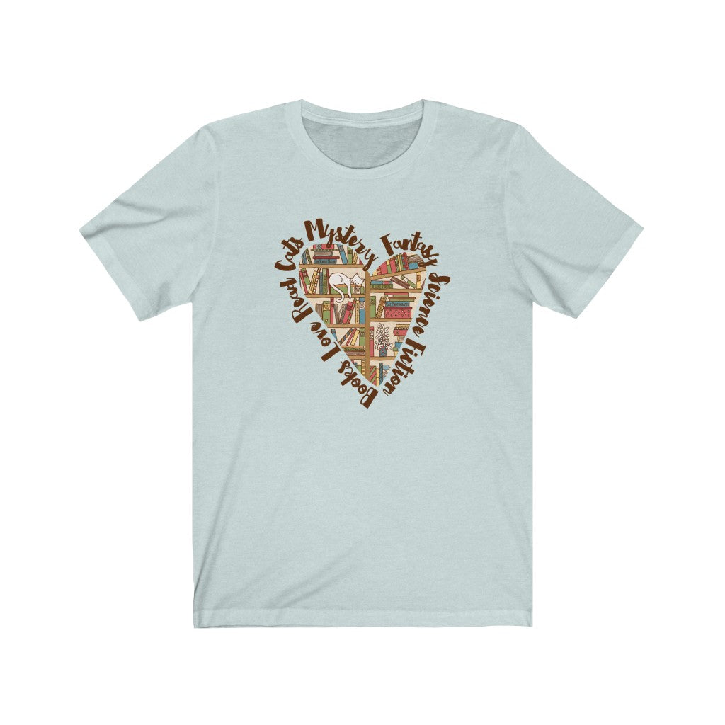 Book Lover Heart Cat Lady T-shirt | Cat Lover Bookworm Gifts | Unisex Jersey T-shirt