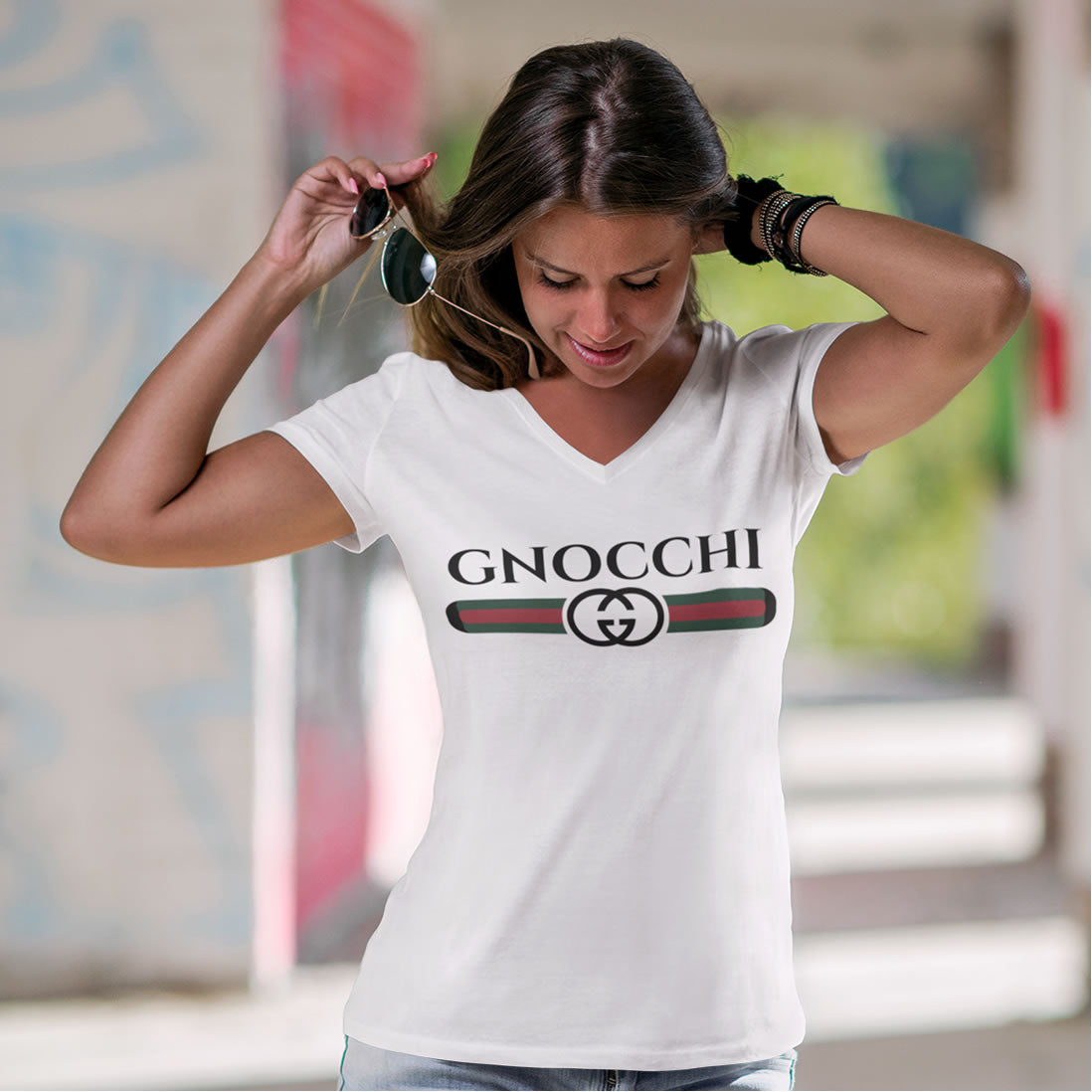 Gnocchi Pasta Funny Italian Shirt | Italy World Travel Gift | Unisex Jersey V-neck T-shirt