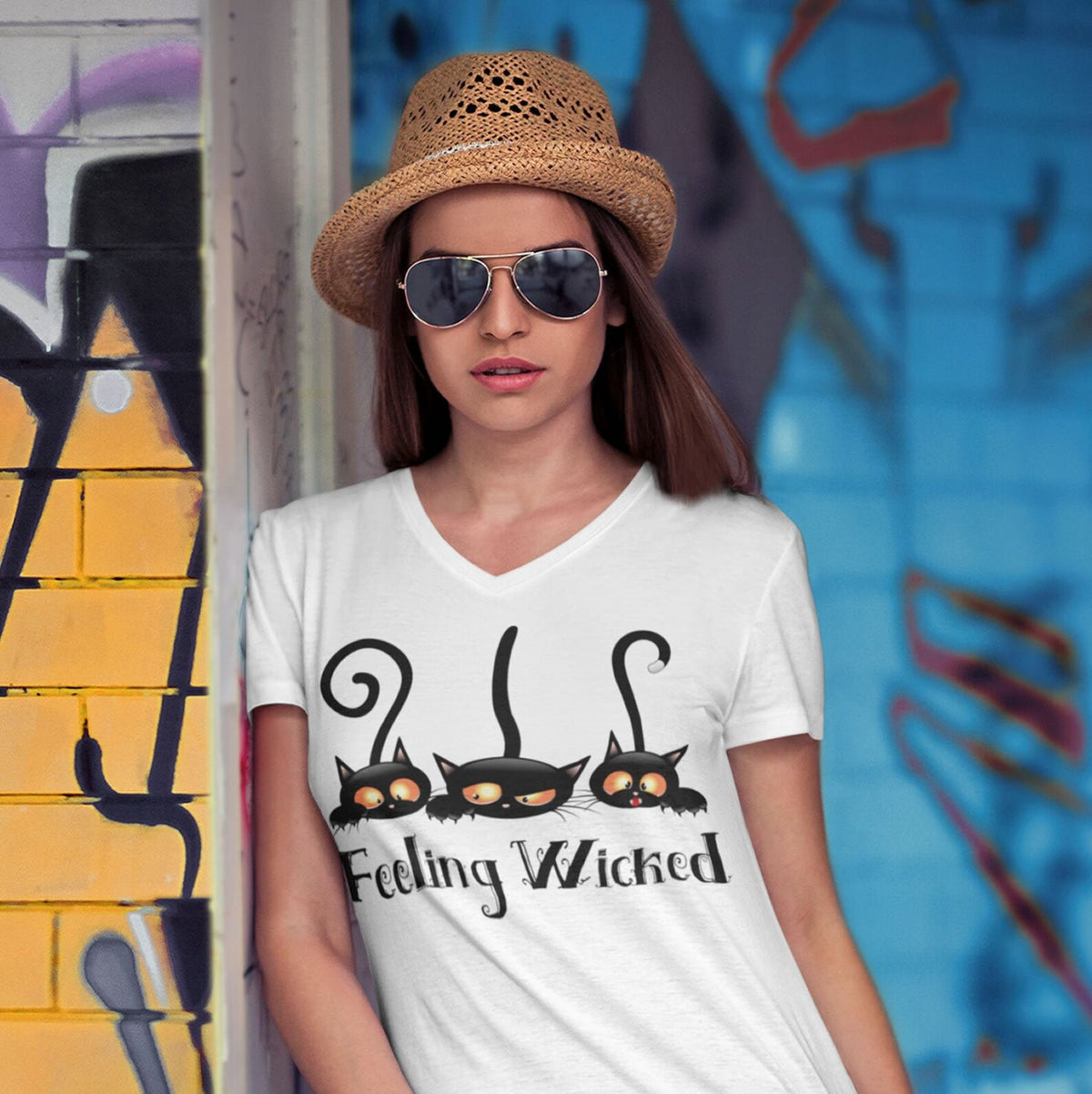 Feeling Wicked Black Cat Halloween Shirt | Funny Cat Lover T-shirt | Unisex Jersey V-neck T-shirt